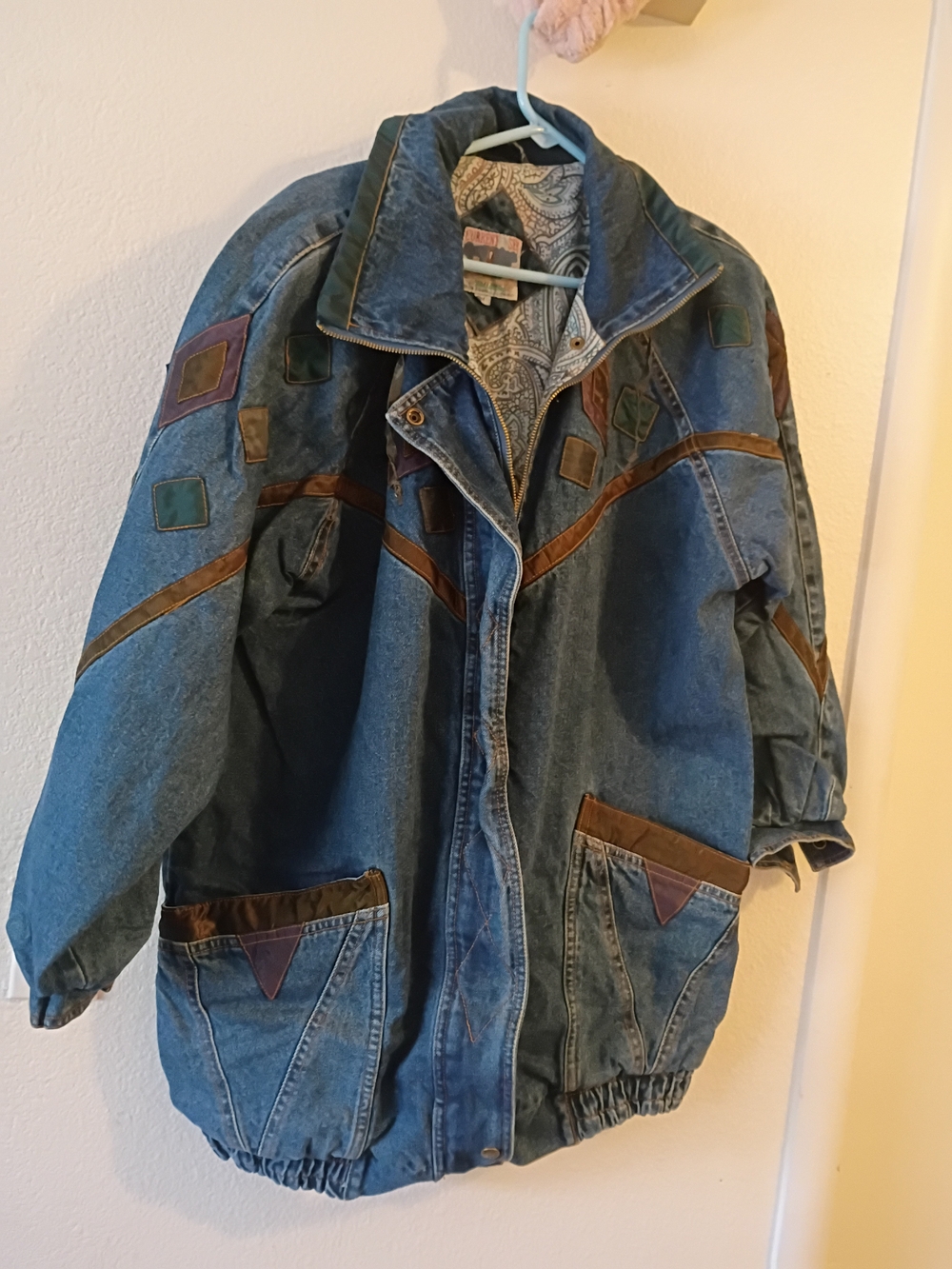 Men's Patchwork Denim Bomber Jacket in Blue with Brown Trim